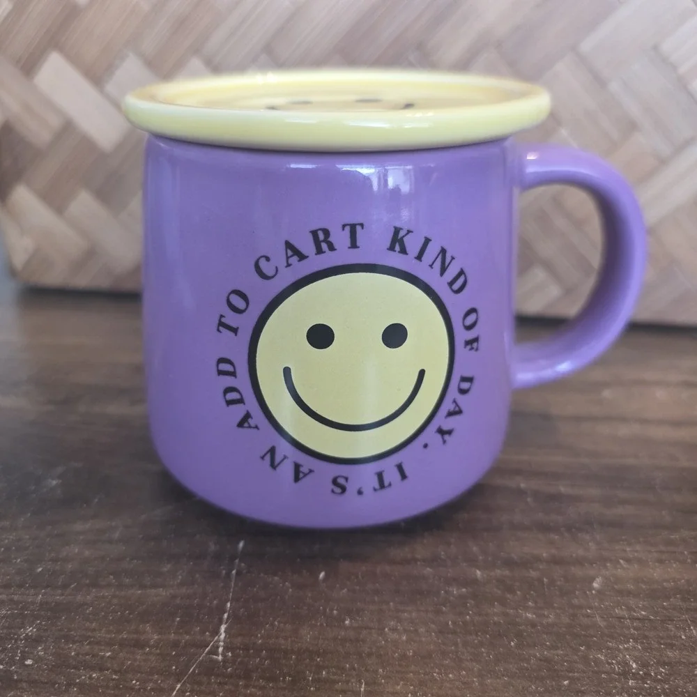 It's An Add To Cart Kind Of Day Mug & Saucer Purple & Yellow Smiley Face